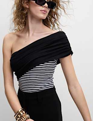 Cotton Rich Striped Ribbed One Shoulder Top
