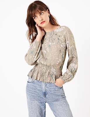 Floral Print Smocked Waisted Blouse