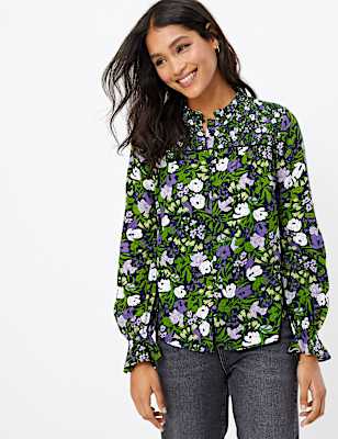 Floral Print Ruffle Neck Blouse
