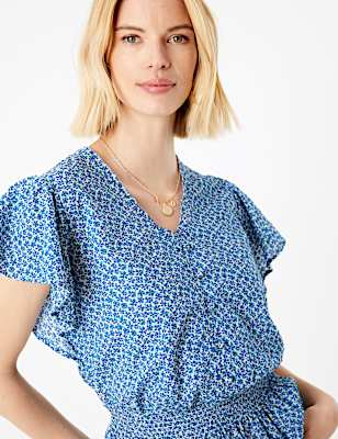 Pure Cotton Floral V-Neck Waisted Blouse