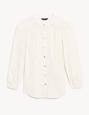 Pure Cotton Broderie V-Neck Longline Blouse