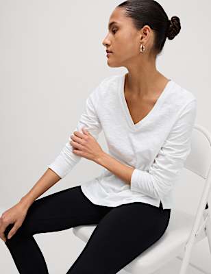 Pure Cotton Long Sleeve V-Neck Top