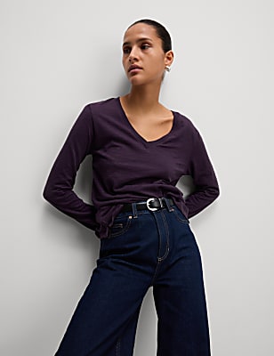Pure Cotton Long Sleeve V-Neck Top