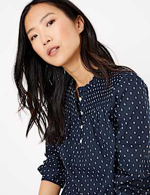 Cotton Rich Frill Neck Long Sleeve Blouse