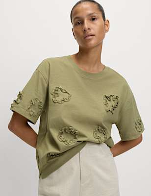 Pure Cotton Ribbon Appliqu&eacute; Boxy T-Shirt