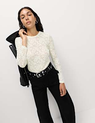 Long Sleeve Floral Mesh Slash Neck Top