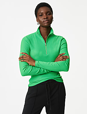 Cotton Rich Ribbed Half Zip Top