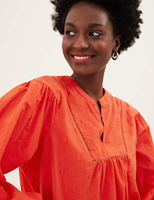 Pure Cotton V-Neck Blouson Sleeve Blouse