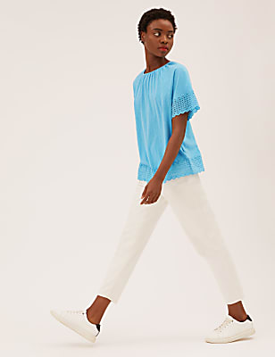 Pure Cotton Broderie Detail Crew Neck Top