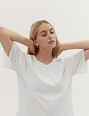 Pure Cotton Broderie Detail Crew Neck Top