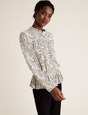 Printed Frill Neck Long Sleeve Peplum Top