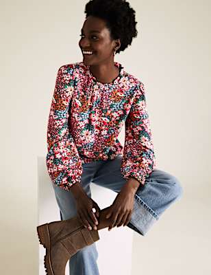 Floral Frill Neck Long Sleeve Top