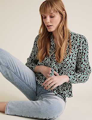 Floral Tie Neck Long Sleeve Peplum Top