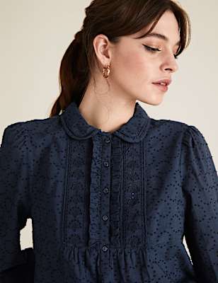 Pure Cotton Textured Lace Insert Blouse