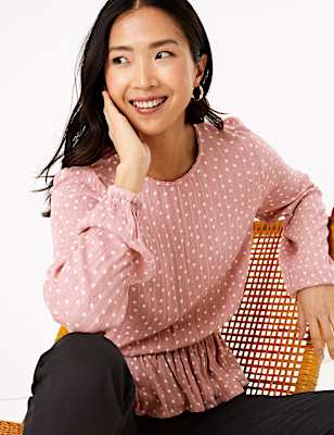 Polka Dot Waisted Long Sleeve Blouse