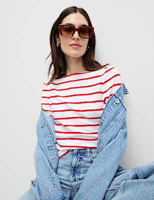 Pure Cotton Striped Slash Neck Slim Fit Top
