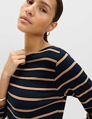 Pure Cotton Striped Slash Neck Slim Fit Top