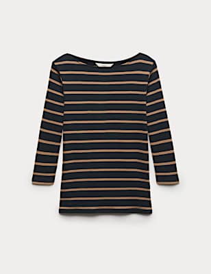 Pure Cotton Striped Slash Neck Slim Fit Top