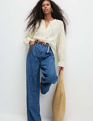 Pure Cotton Appliqu&eacute; Tie Neck Blouse