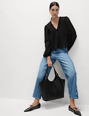 Dobby Textured V-Neck Long Sleeve Blouse