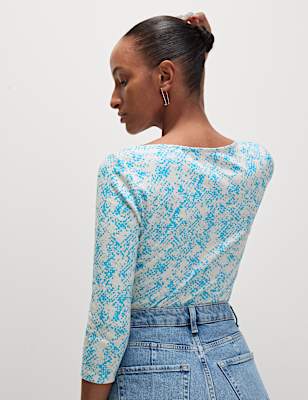 Pure Cotton Printed Slim Fit Slash Neck Top