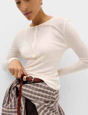 Wool Touch Semi Sheer Layering  Henley Top