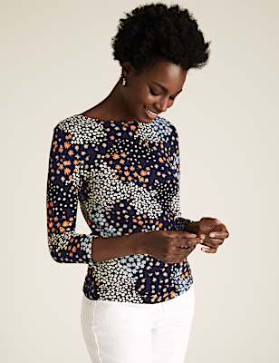 Cotton Floral Slash Neck Fitted Top