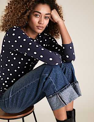 Cotton Polka Dot Slash Neck Fitted Top