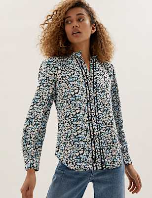 Printed Frill Neck Long Sleeve Blouse