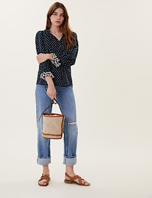 Pure Cotton Tie Neck Frill Detail Blouse