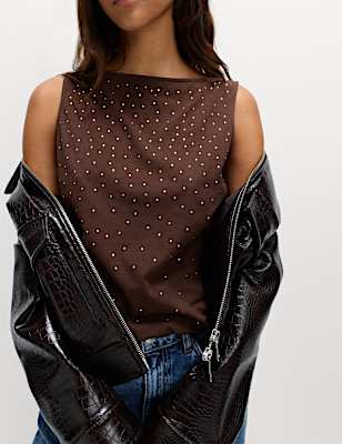 Cotton Rich Embellished Slash Neck Vest