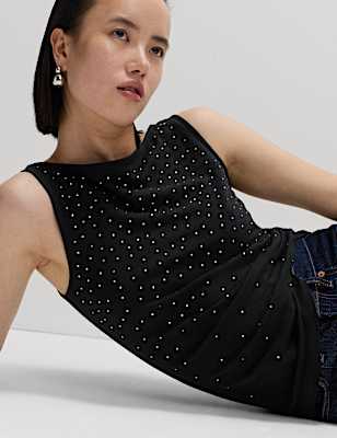 Cotton Rich Embellished Slash Neck Vest