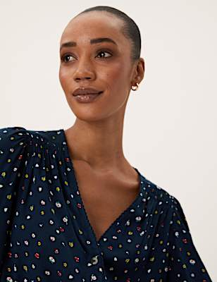 Printed V-Neck Tie Front Blouse