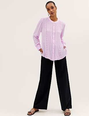 Lace Insert Regular Fit Long Sleeve Blouse