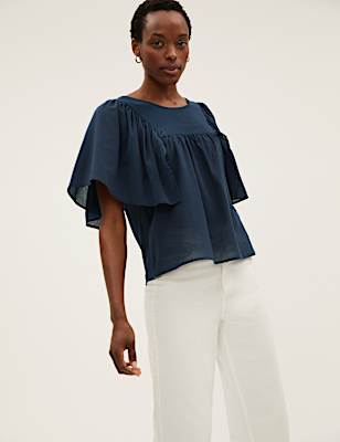 Pure Cotton Regular Fit Angel Sleeve Blouse