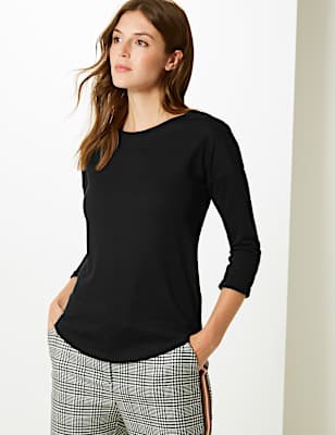 Relaxed Fit 3/4 Sleeve T-Shirt with Linen