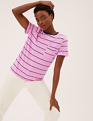 Pure Cotton Striped Crew Neck T-Shirt