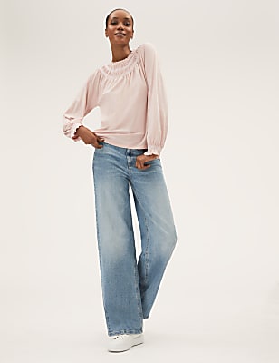 Pure Cotton Smocked Detail Long Sleeve Top