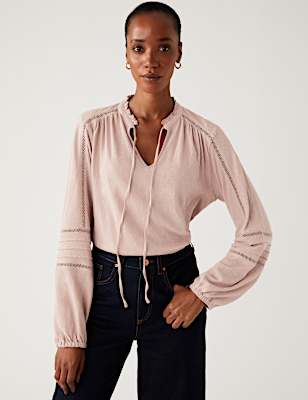 Pure Cotton Embroidered Tie Neck Top