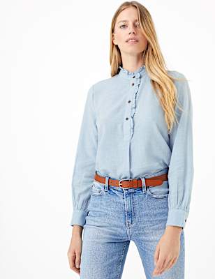 Cotton Rich Ruffled Longline Blouse