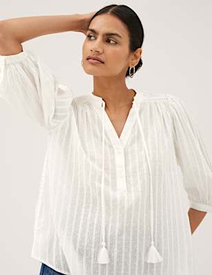 Pure Cotton V-Neck 3/4 Sleeve Blouse