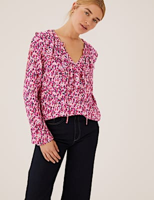 Floral Tie Neck Ruffle Long Sleeve Blouse