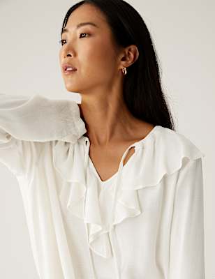 Tie Neck Ruffle Long Sleeve Blouse