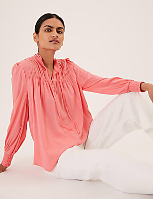 Tie Neck Frill Detail Long Sleeve Blouse