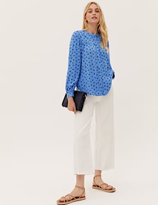 Printed Collarless Long Sleeve Blouse