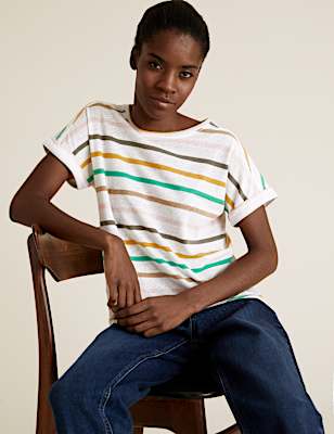 Linen Striped Crew Neck T-Shirt