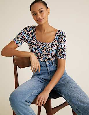 Floral Square Neck Fitted T-Shirt