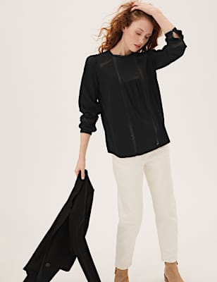 Pure Cotton Lace Insert Long Sleeve Top