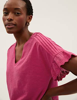 Pure Cotton Embroidered V-Neck T-Shirt