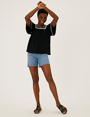 Pure Cotton Embroidered Square Neck Top